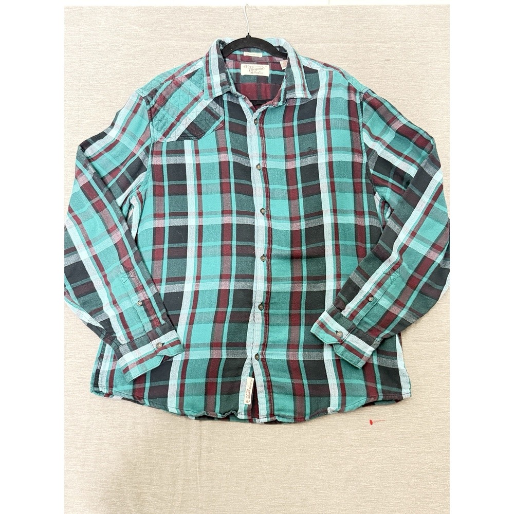 Original Penguin Heritage Slim Fit Flannel Shirt Mens XL Teal Plaid Button Up